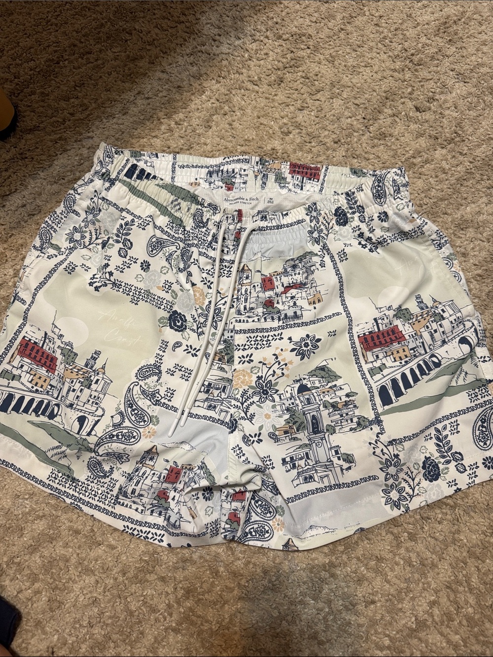 Abercrombie & Fitch Cream Swim Trunks with Blue and Red Scenic Print